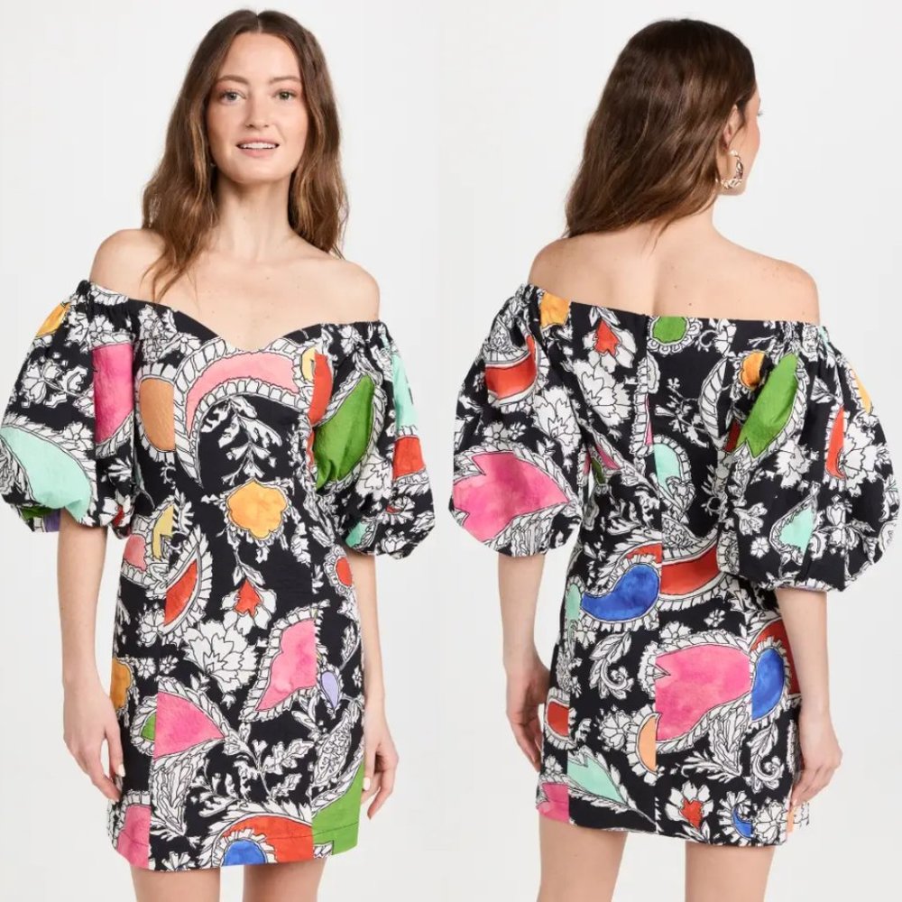 NWT Mara Hoffman Nomi Fitted Mini Dress Sz 2 Black Multi-colored Allover Print